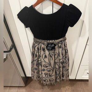 Girls' Black Velvet Top with Gold Swirl Skirt Party Dress
